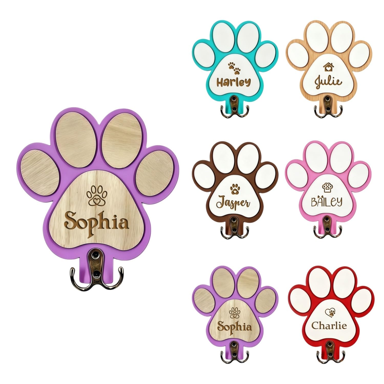 BFBZYME ﻿Custom Dog Leash Holder with Name, Personalized Wooden Key Rack and Pet Collar Hanger for Wall, Rustic Farmhouse Entryway Organizer, Dog Lover Gift(Purple)