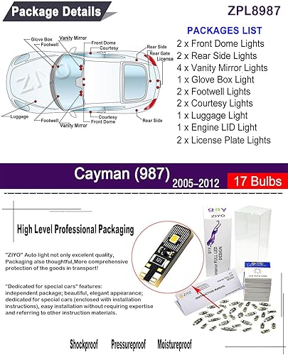 Miniatura 2 de ZIYO Kit de luz LED de repuesto para Porsche 987 Boxster Cayman 2005-2012 + paquete de bombillas de matrícula, luces de cúpula blanca de xenón sin