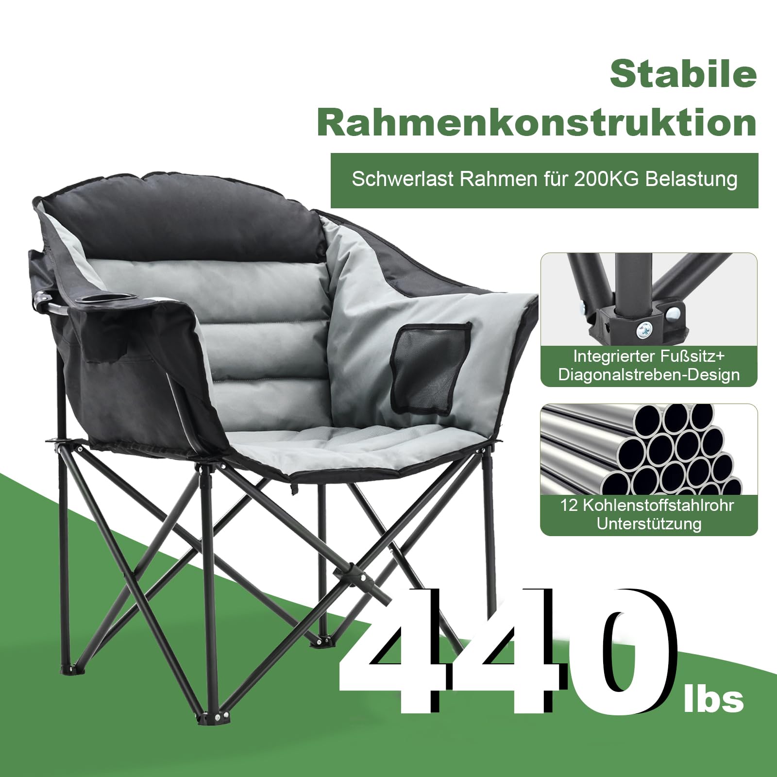 200KG Capacità di carico Sedia da campeggio Pieghevole Casual, Sedia Moon Leggera Pieghevole con Tasca Laterale, Esterno Sedia Portatile per Campeggio/Giardino/Festival/Pesca/Spiaggia