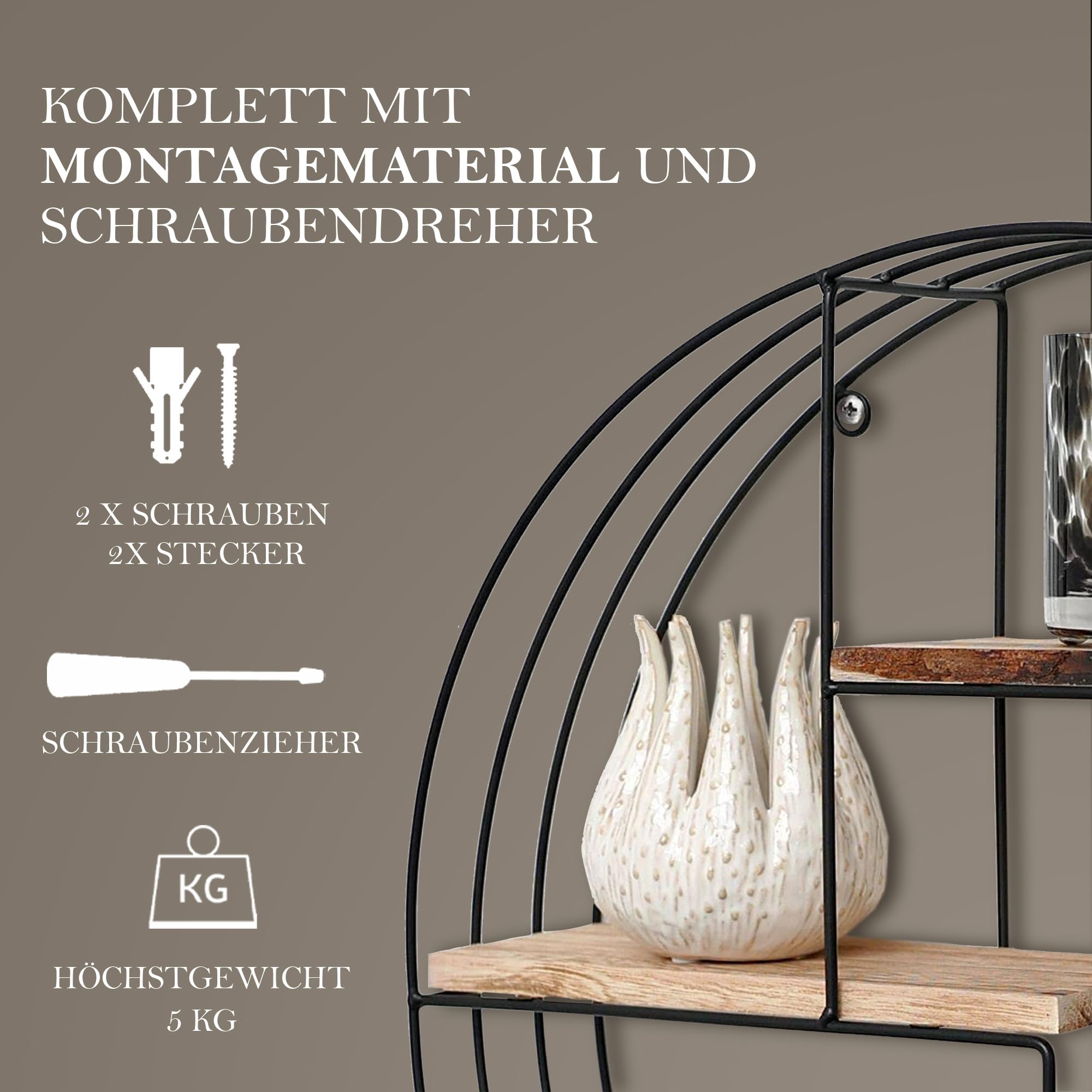 Vivol Wandregal Rund Schwarz Metall 50 x 11 cm, rundes Metallregal mit 4 Holzböden, dekoratives Wandregal aus Metall für Wohnzimmer, Küche, Flur, Schlafzimmer, Büro & moderne Wanddeko im Zuhause schön