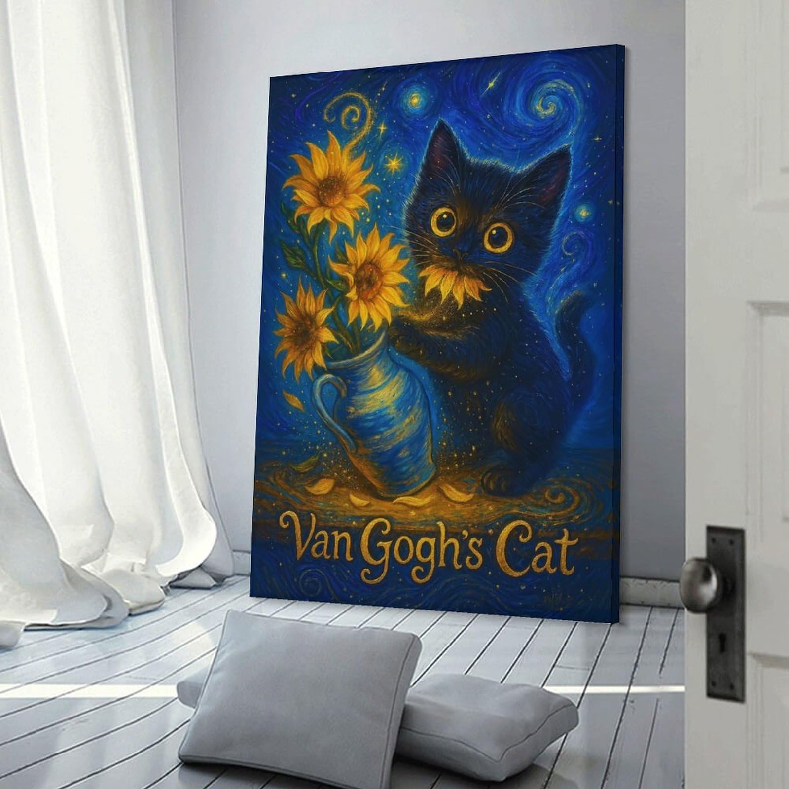 Junmoney Starry Night Black Cat with Sunflowers Canvas Art Print 24x36inch(60x90cm), for New Homes, Bedrooms Or Workspaces, Gift Idea for Housewarming And Birthdays