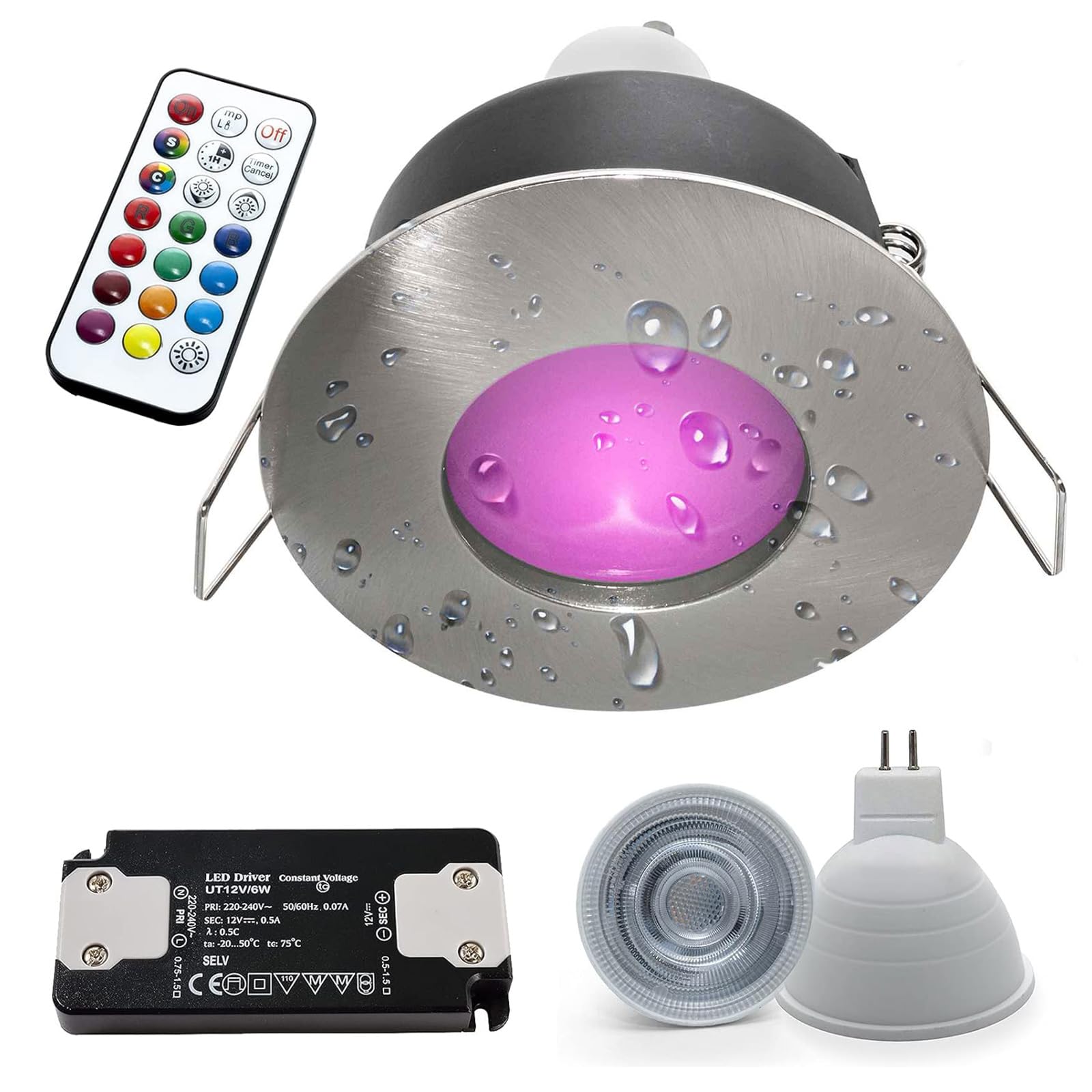 Foco Empotrable 70mm Aluminio Rgbw Foco Empotrable LED Cromoterapia IP65 - 6W RGB + Blanco Cálido/Frío - Mando A Distancia - Para Ducha Y Ambientes Húmedos Foco Cromoterapia Baño Y Ducha