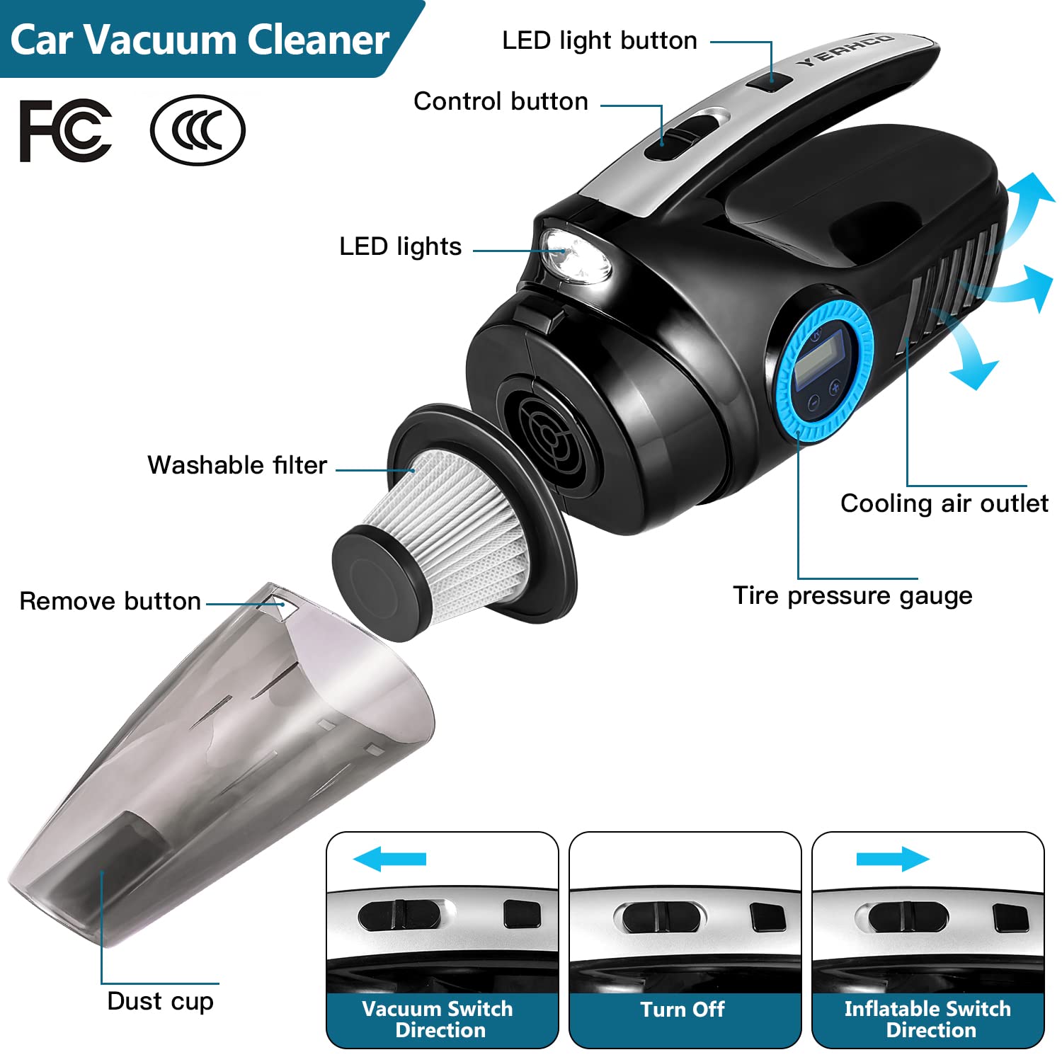 YEAHCO 4-in-1 Car Vacuum Cordless Rechargeable, 10000Pa Car Vacuum Cleaner High Power Portable Vacuum Cleaner for Car, Mini Vacuum Handheld Vacuum Wet Dry Vacuum Cleaner for Car with Tire Inflator