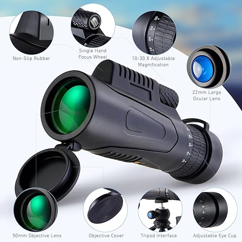 Miniatura 4 de Telescopio monocular de 10-30x50 de alta potencia para adultos y niños con adaptador para teléfono inteligente, trípode correa de mano, prisma BAK-4