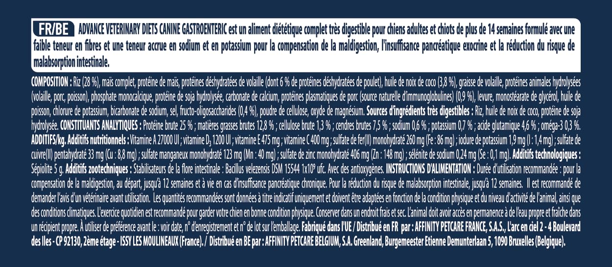 Advance Veterinary Diets Gastroenteric - Croquettes pour Chiens avec des Troubles gastro-intestinaux - 12kg