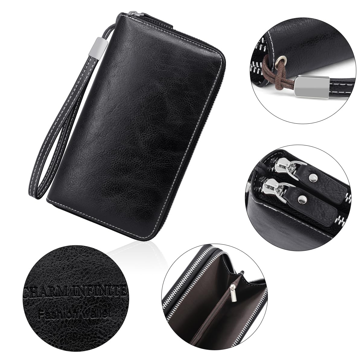 HNOOM Portafoglio Donna in Pelle PU Grande Capacità con Cerniera, Bloccaggio RFID, Elegante Portamonete con 14 Scomparti per Carte (Nero)