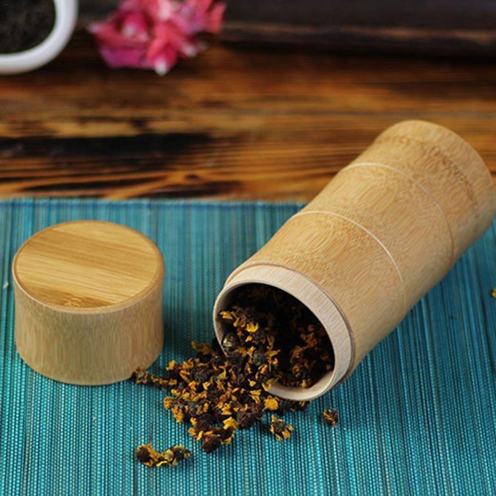 Amazon.co.jp: ポータブル 竹製 茶キャニスター 円形 手作り 茶筒 竹目