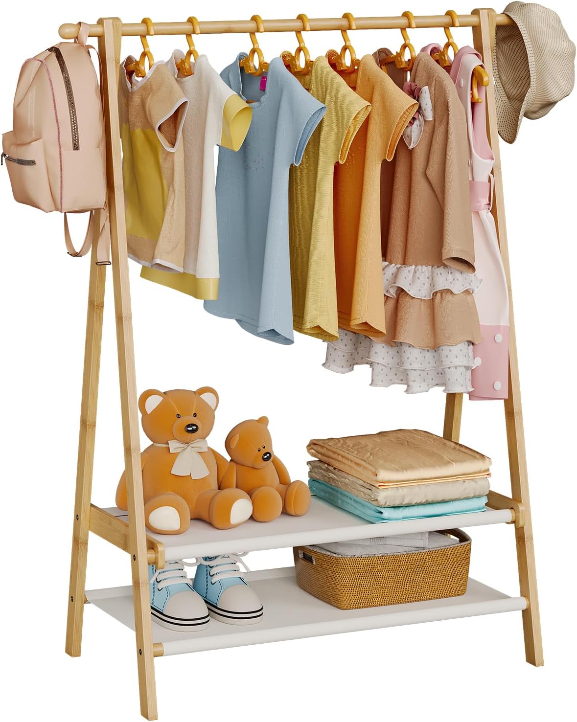 Kids Clothing Rack with 2 Fabric Shelves, Foldable Child Garment Stand with Hanging Rod, Small Dress Up Organizer, Bamboo (Natural)