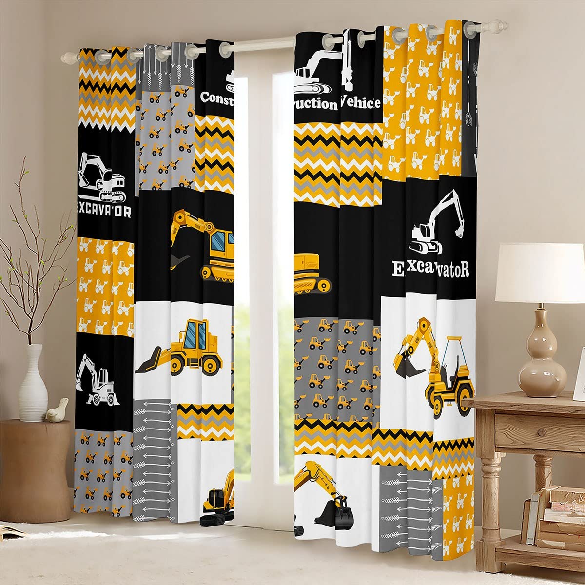 Feelyou Excavator 30%-50% Blackout Curtain Boys Construction Vehicles Curtains Bedroom Living Room Equipment Trucks Darkening Drapes Cartoon Car Window Treatments, 2 Panels 42 x 63 Inch