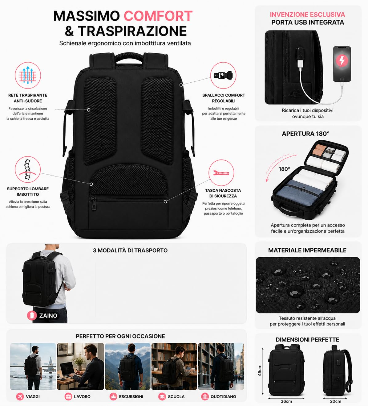 ENERGY GROUP Zaino Viaggio 45x36x20 EasyJet e Ryanair, Bagaglio a Mano 30L, Zaino Cabina Uomo Donna, Apertura 180°, Impermeabile, Porta PC 14”, Casual per Viaggio e Lavoro, Compagnie Low Cost– Nero