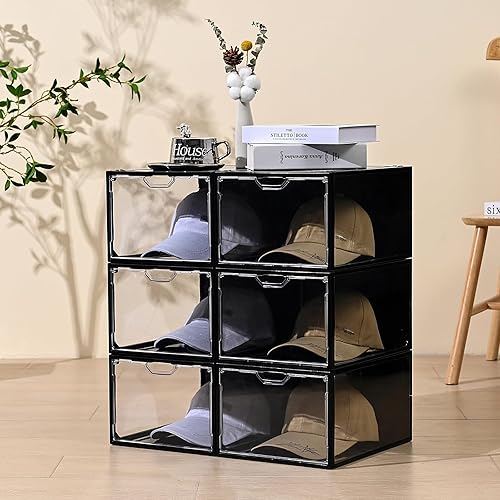 Miniatura 2 de Organizador de sombreros para gorras de béisbol, paquete de 6 cajas de almacenamiento de sombreros de plástico transparente con puerta magnética,