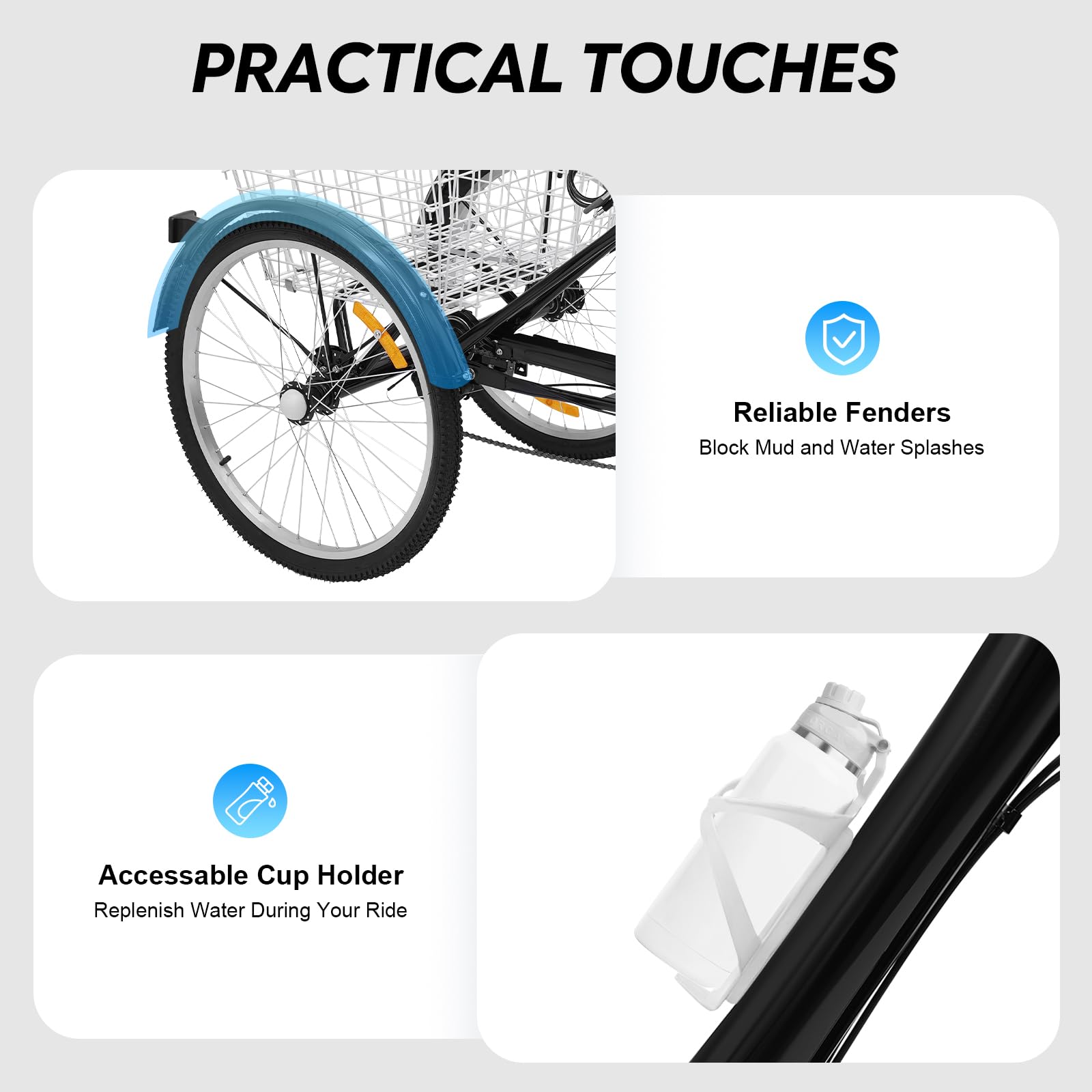 Tricycle pour adultes, 24 pouces pliable à 3 roues, tricycle à 7 vitesses pour adultes, tricycle avec panier et lumière LED et garde-boue, vélos de croisière pour la ville pour hommes, femmes et