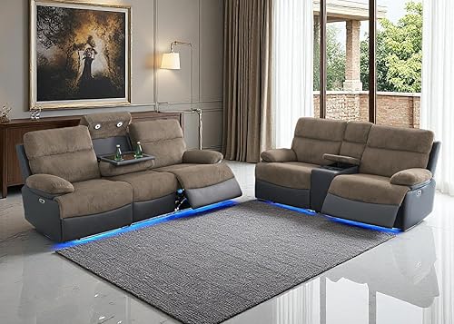 Miniatura 28 de Juego de sofá reclinable eléctrico y sofá biplaza, sofá reclinable de cuero negro con mesa desplegable, muebles de sala de estar, sofá reclinable