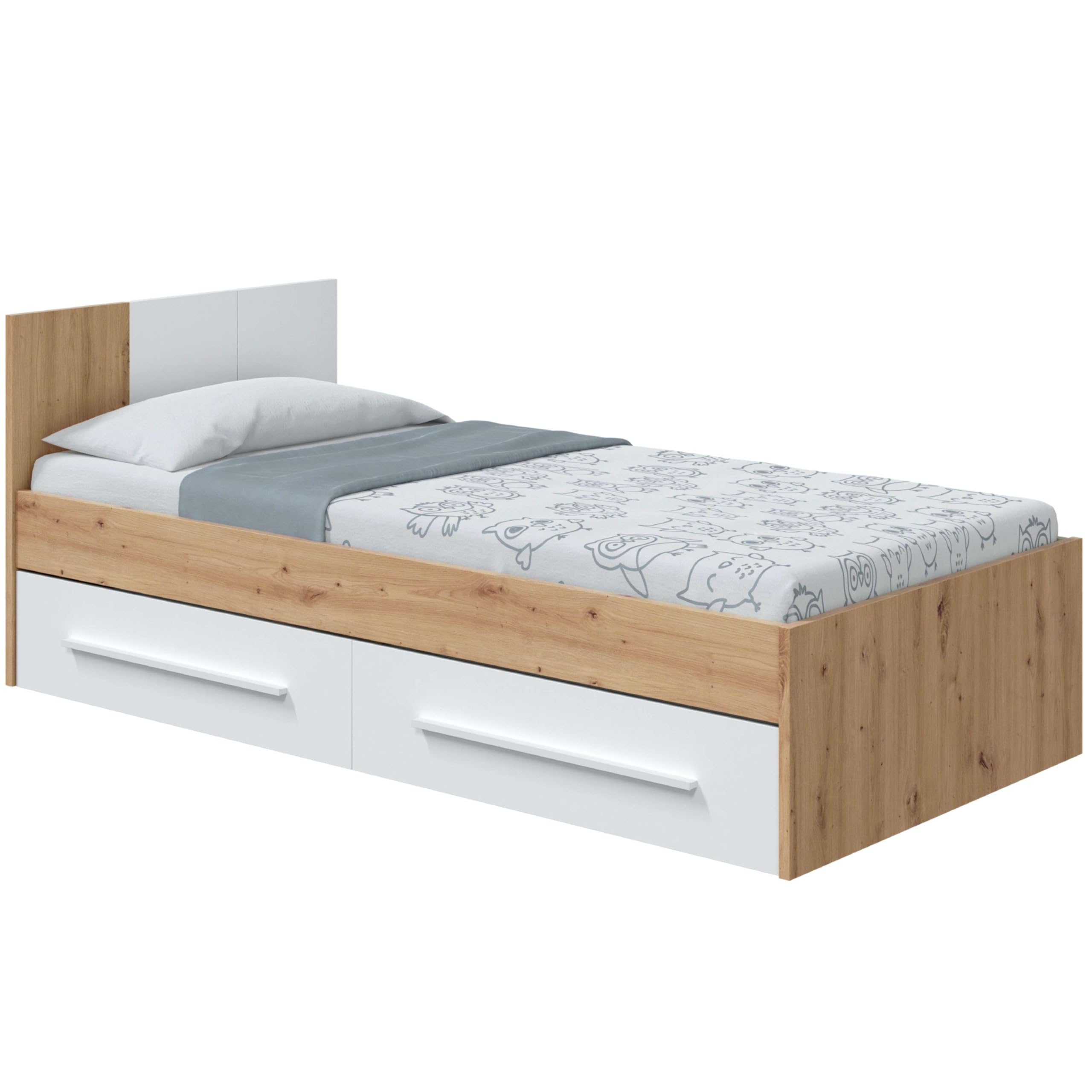 Habitdesign Eiche, Weiß Einzelbett Für Kinder Und Jugendliche Mit 2 Schubladen, Modernes Design In Artik Weiß Und Nodi-Eiche, Viel Stauraum, Maße: 97 X 77 X 196 Cm (B X H X T), Modell Noa (Ohne Lattenrost)