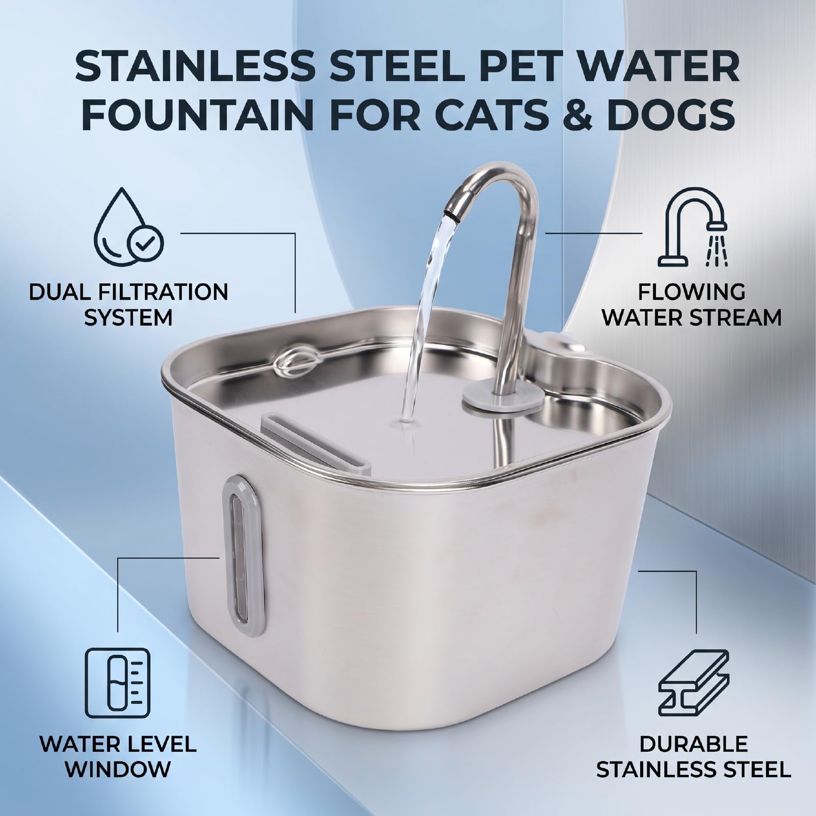 Topiky Fuente de Agua para Gatos Cuadrada 2.2L Acero Inoxidable (2.2L
