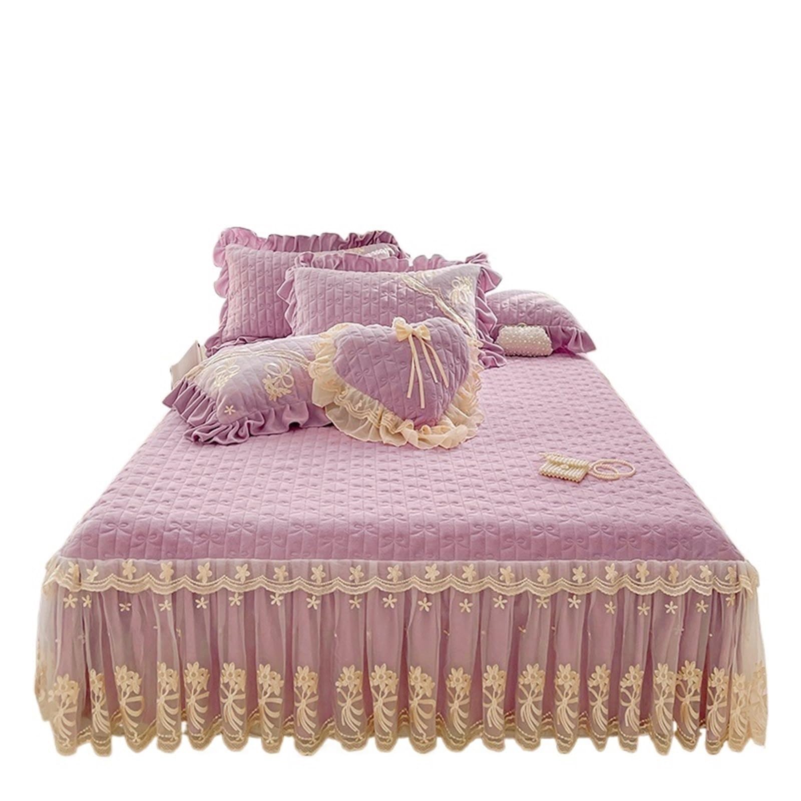 3/6Pcs Thickened Crystal Velvet Bed Skirt, Flowers Lace Embroidery Sheet, Bedspread, Quilted Cover, Pillowcases(Purple,150X200cm 6pcs)