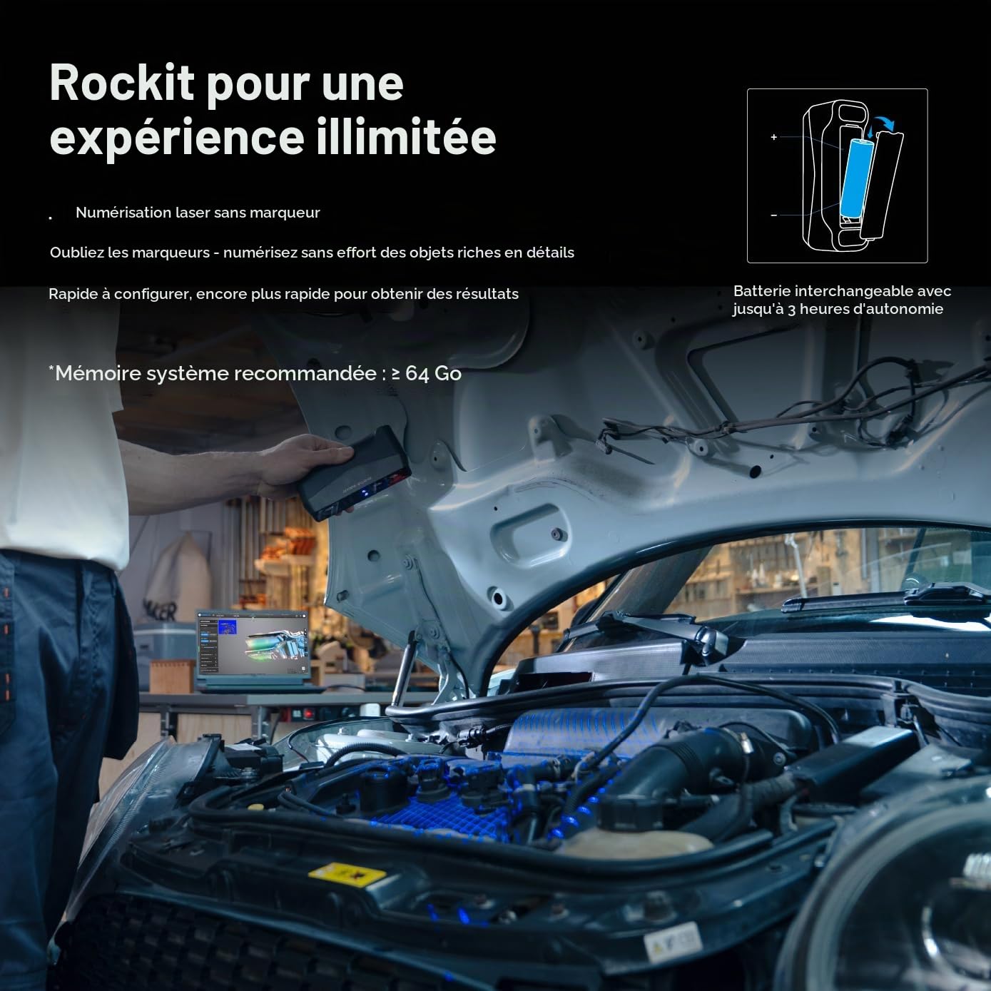 EINSTAR Rockit Scanner 3D sans fil, laser bleu, sans marqueur, infrarouge