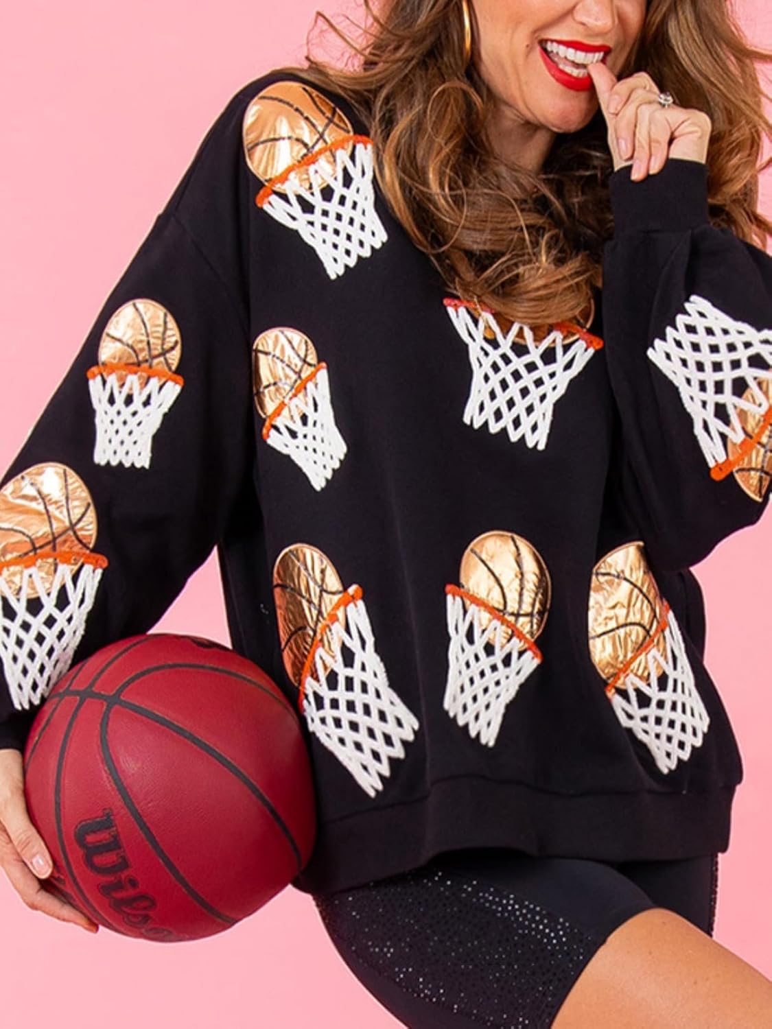 Womens Sparkle Basketball Hoop Sequin Sweatshirt Crewneck Oversized Long Sleeve Pullover Tops - Image 5