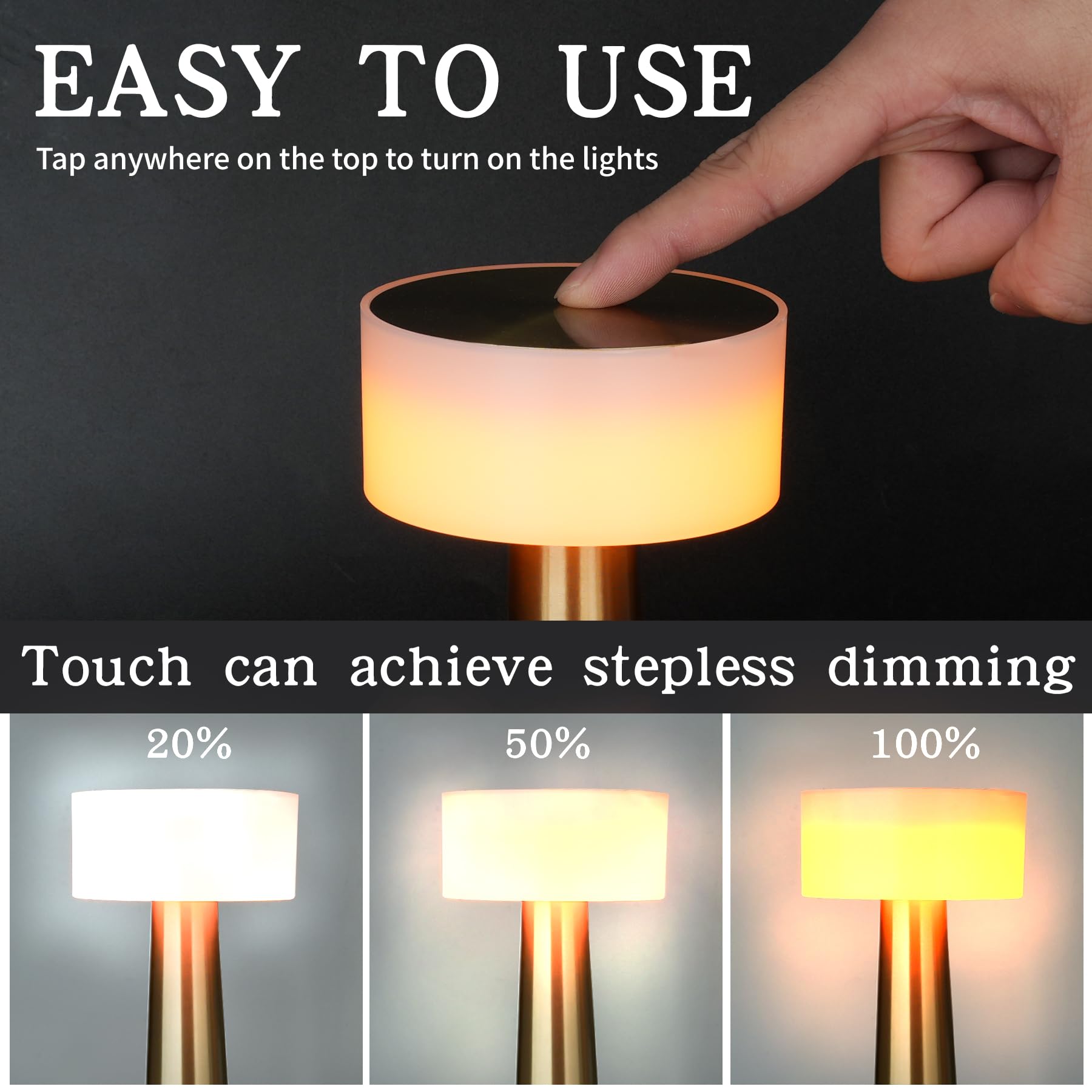 Touch Sensor LED Nightstand Lamp - 3 Mode Stepless Dimming Rechargeable Cordless