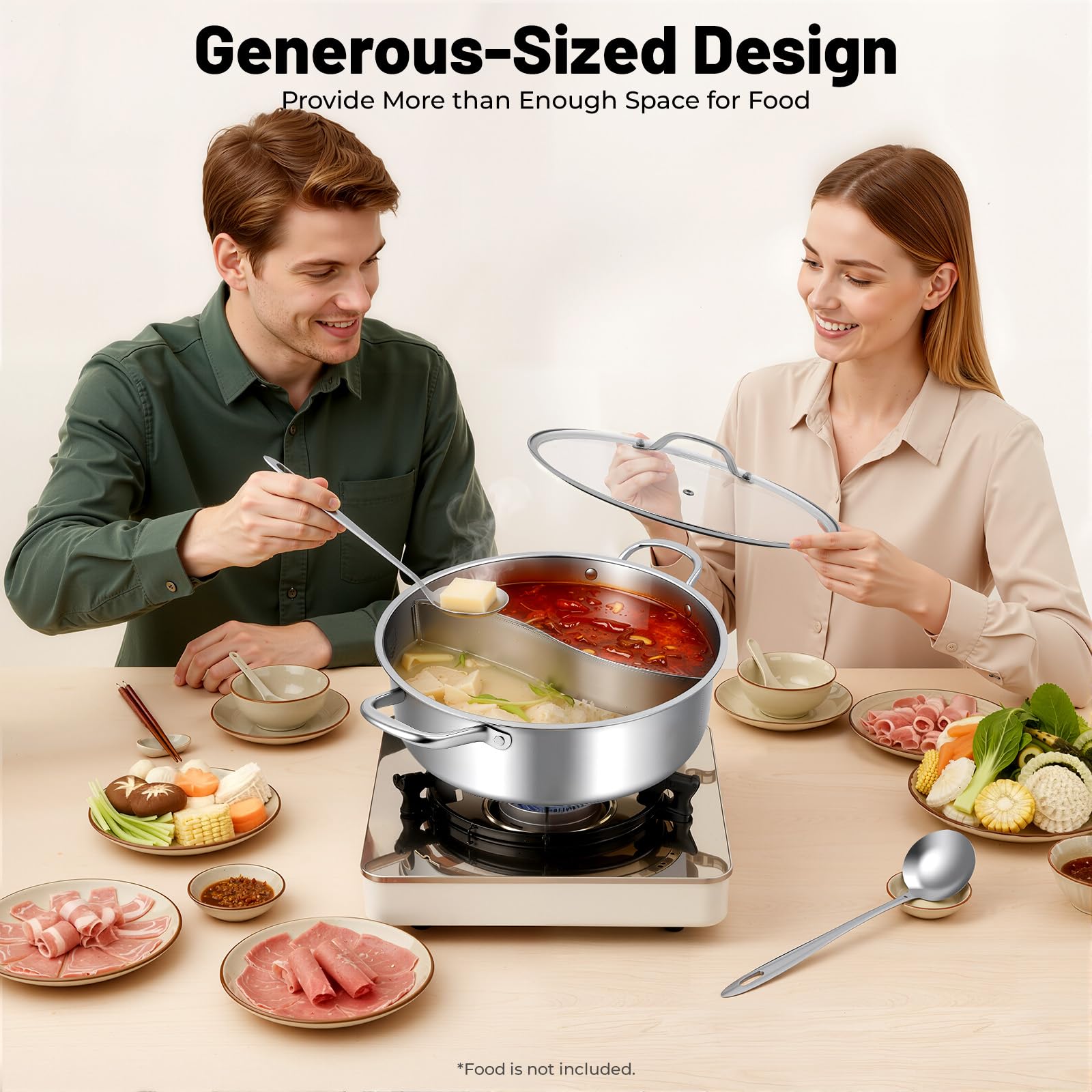 Hot Pot - Pentola calda con divisorio per mandarino, in acciaio inox, con 2 mestoli, per casa, feste, riunioni di famiglia