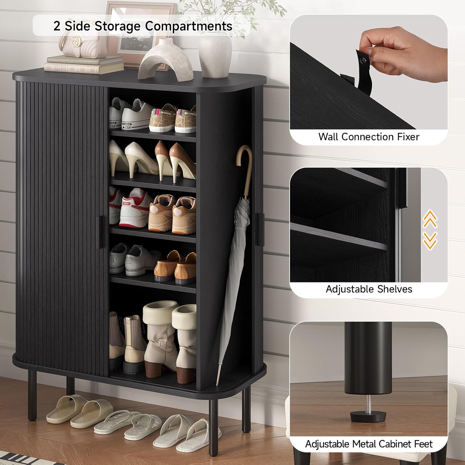 31.5'' Shoe Cabinet with Fluted Sliding Door, 6-Tier Wooden Shoe Storage Cabinet with 4 Adjustable Shelves, Mid-Century Modern Tall Shoe Rack Organizer Cabinet for Entryway, Hallway, Front Door, Black