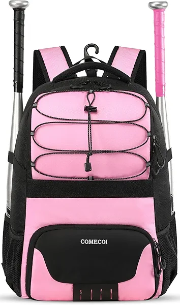 COMECOI Softball Bag, Lightweight Baseball Backpack with Shoes Compartment, Baseball Bat Bags with Fence Hook for TBall Bat & Equipment, for Batting Mitten, Helmet, for Girls, Boys, Youth, Adults