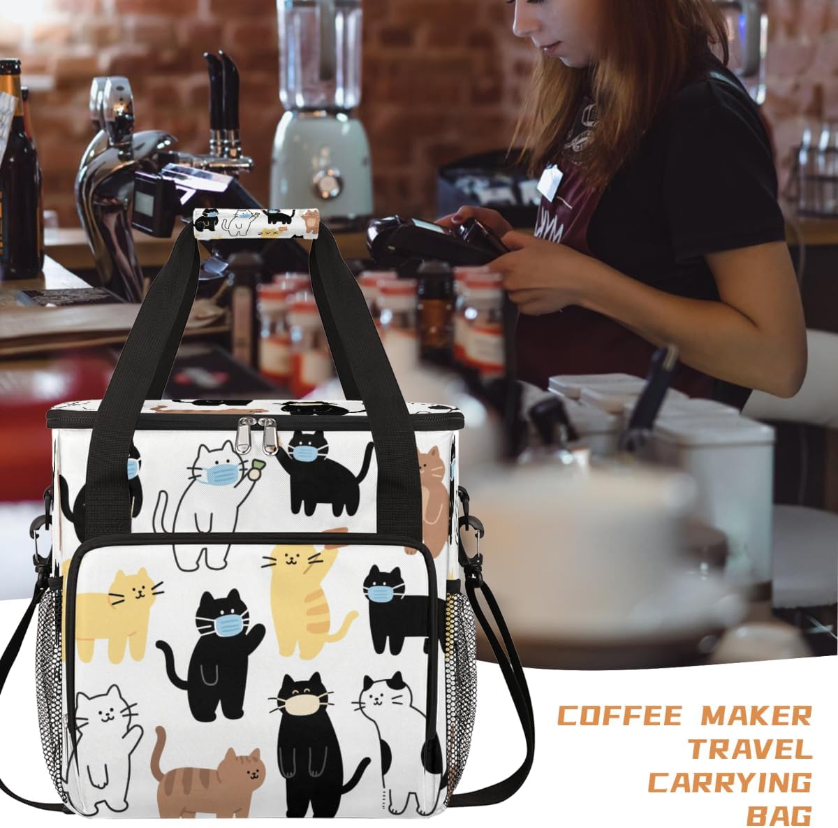 Masked Cats Portable Coffee Maker Carrying Bag Compatible with Keurig K-Mini or K-Mini Plus - Travel Storage Tote with K-Cup Pod Pockets for Single Serve Coffee Brewer