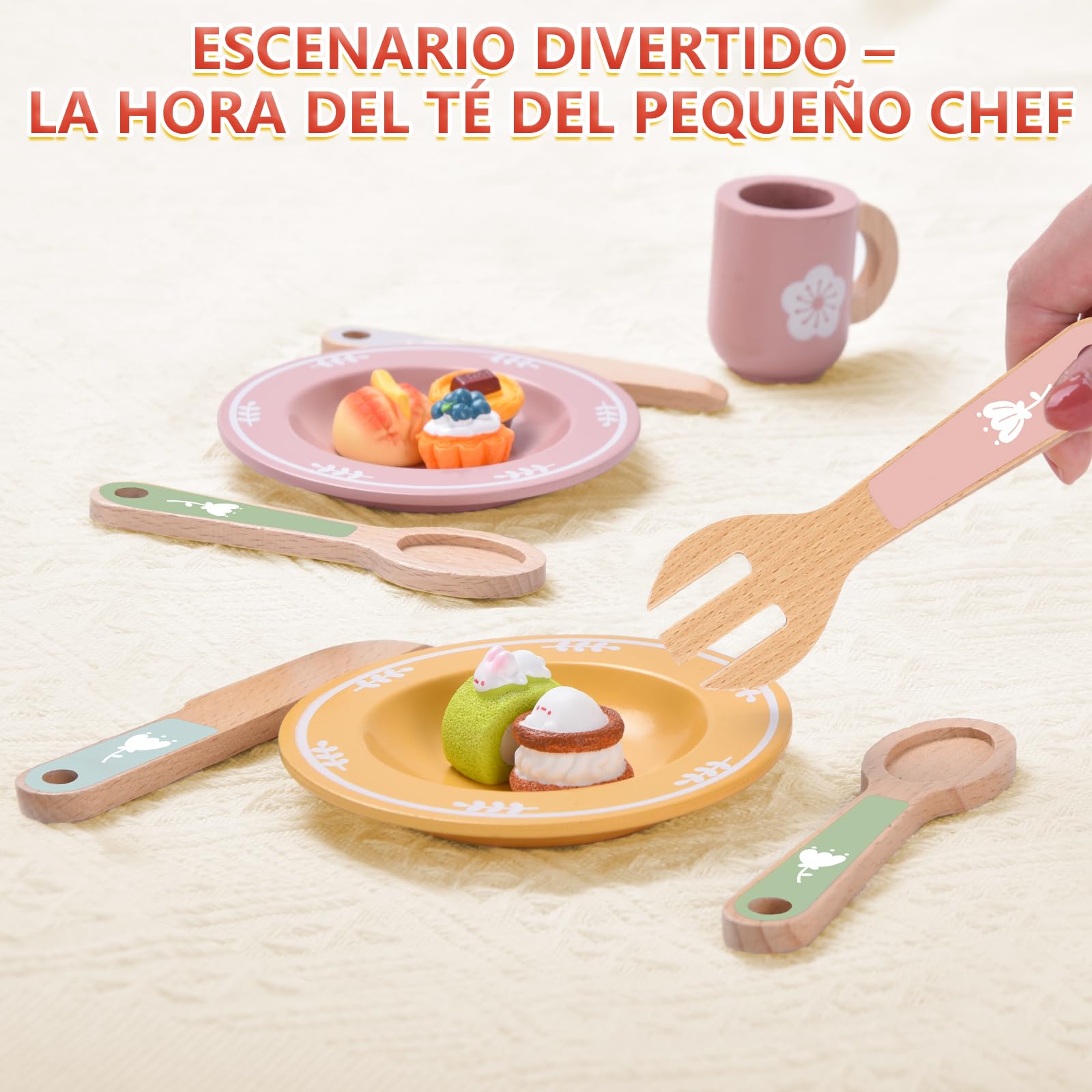 Charmofun Accesorios de Cocinita de Madera para Niños, Juguetes de Cocina de Madera, Accesorios Cocina Juguetes con Platos y Vajilla Regalo para Niñas y Niños de 3 a 8 Años