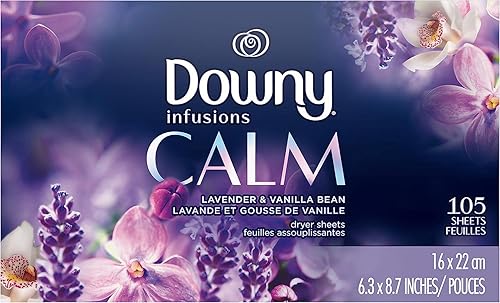 Downy Infusions - Sábanas para secadora suavizante de tela calma lavanda y vainilla 105 unidades