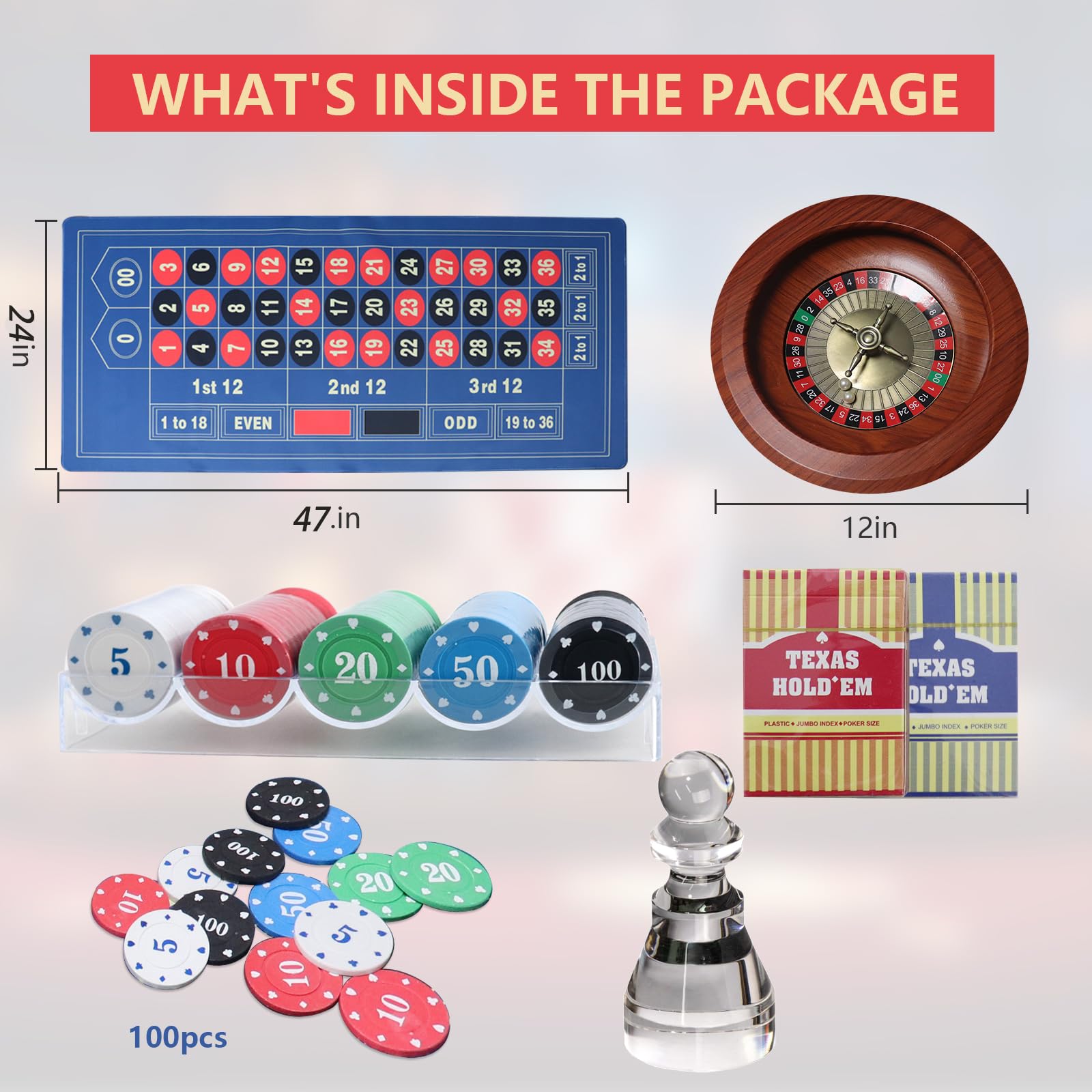 Set di ruote per roulette, giochi da tavolo per roulette con ruota da roulette in legno massello da 11 pollici, tappetino da casinò in feltro double face, 91,4 x 182,9 cm, 100 fiches da