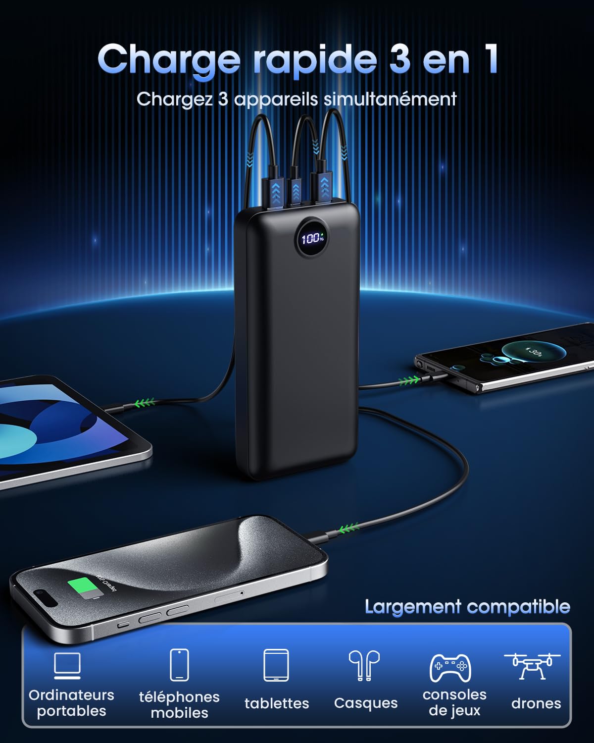 Batterie Externe 50000mAh Charge Rapide,Câble 3 en 1 Power Bank Grande Capacité 22,5W, USB-C avec 3 Sorties 2 Entrées Écran LED Chargeur Portable, Compatible avec Smartphone Android,Tablet Noir