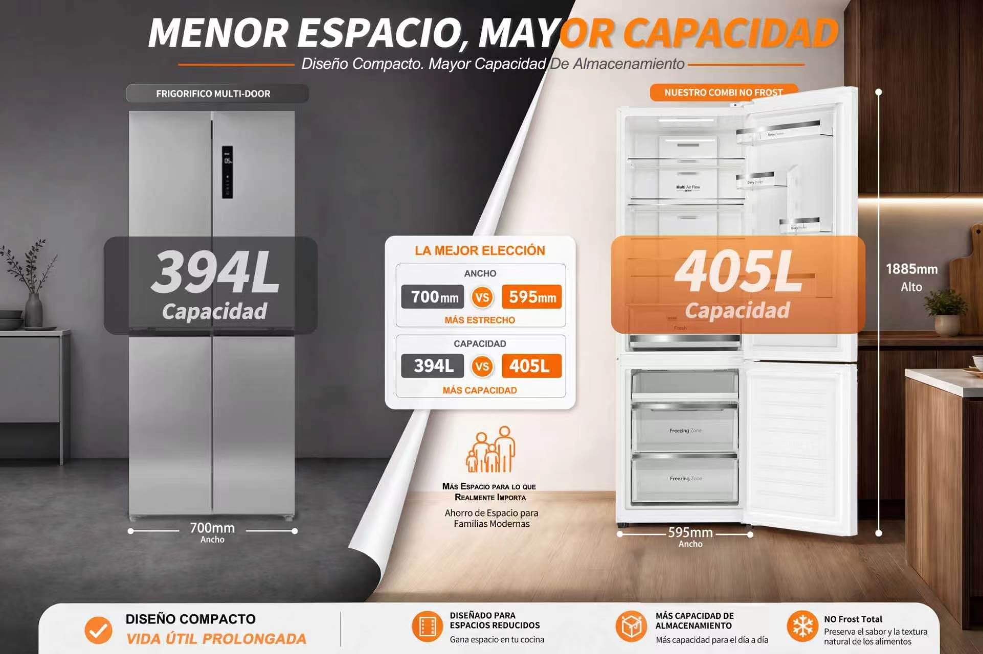 VOK Frigorífico Combinado No Frost 405L en 185.5cm - Compresor Inverter Silencioso 37dB, MaxVolume, Zona 0°C, Multi Air Flow, Clase E, Blanco, EVR-405NEW