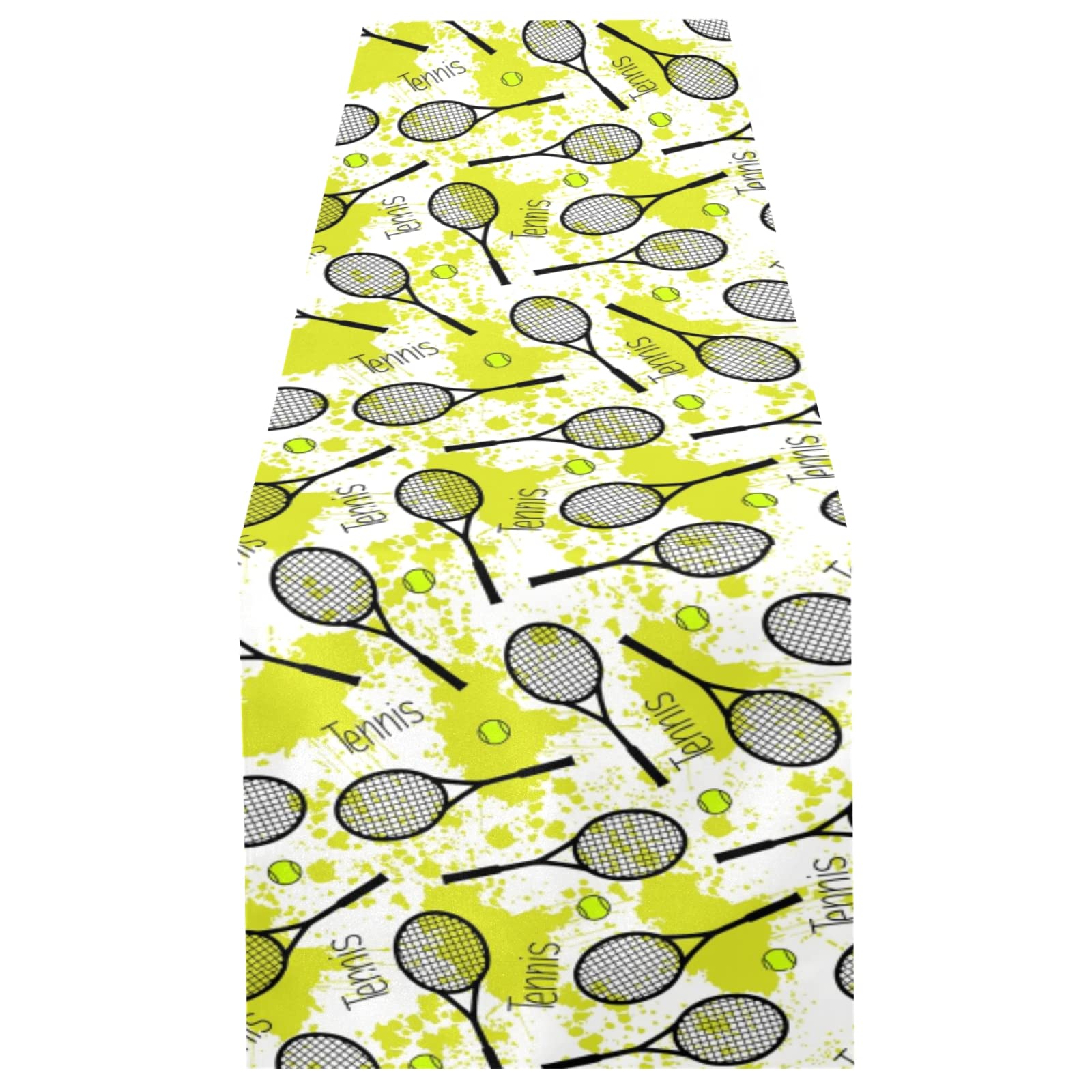 Poeticcity Multi 9 Seamless Black Tennis Rackets Green Balls On Green Blots Stains 13" X 70" Rectangle Table Runner Long Tablecloth Placemat For Party Home Decor Indoor Outdoor Office Kitchen Dining Wedding