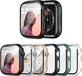 6 Pack Case with Tempered Glass Screen Protector for Apple Watch Series 9/8/7 45mm, JERXUN Ultra-Thin Scratch Resistant Full Protective Hard PC Bumper Cover for iWatch 45mm Accessories