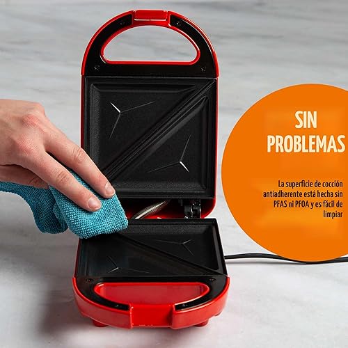 Miniatura 4 de Tasty Mini Sandwichera, Hace Sándwiches, Paninis, Queso a la Parrilla, Postres, Resultados Rápidos, Fácil Limpieza, 600W, Rojo