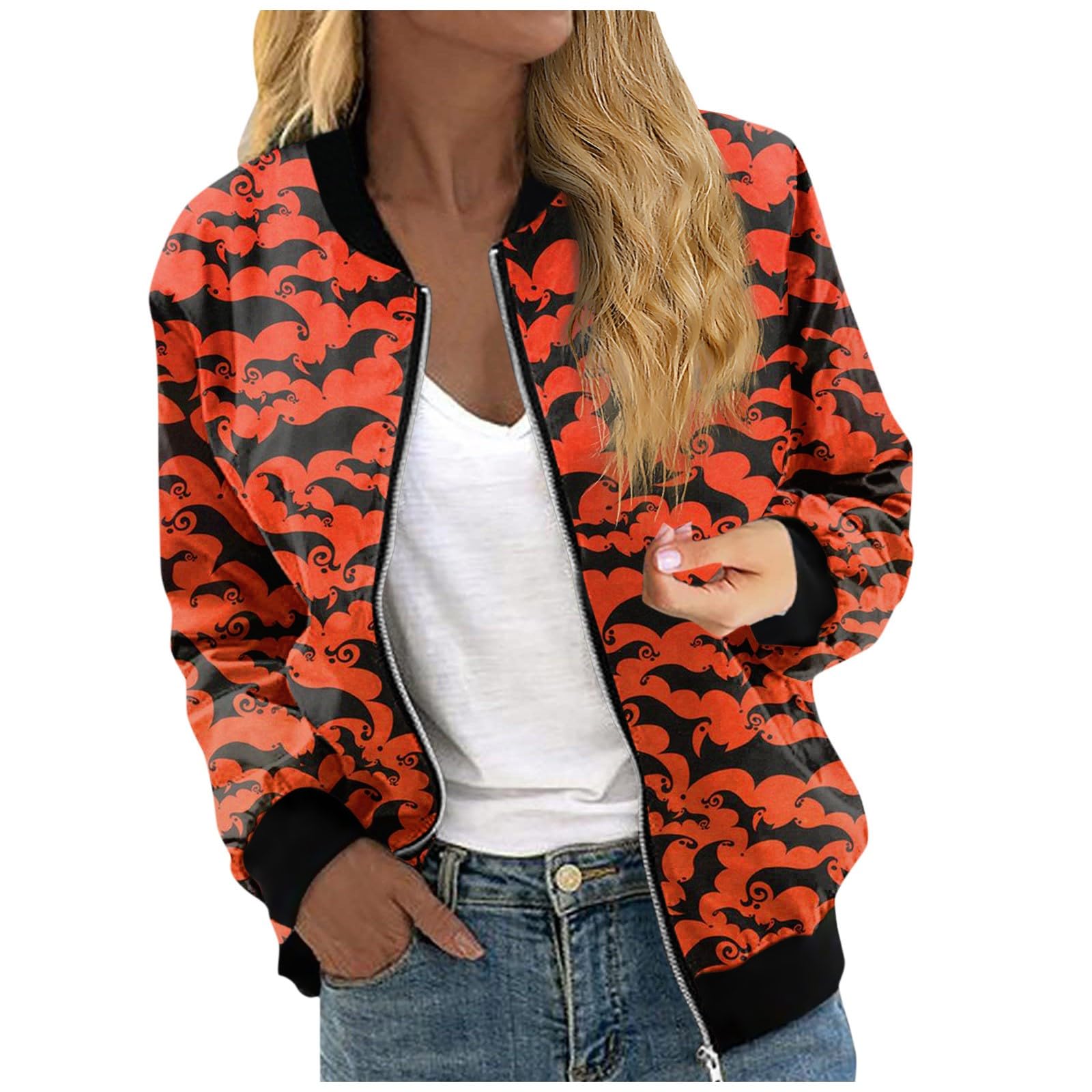 FlekmanArtWomen Floral Bomber Jacket Lightweight Cropped Coats Vintage Moto Windbreaker Fashion Workout Coat With Pocket