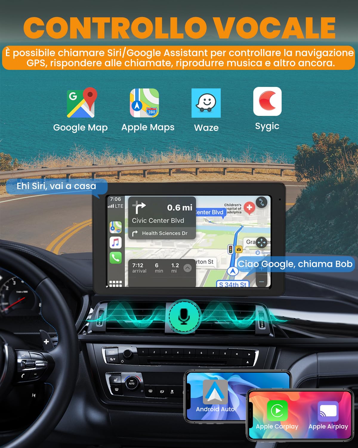 Carplay Auto, 7" Android Auto Wireless, Autoradio Bluetooth con Schermo con Navigazione GPS, Bluetooth 5.2, Controllo Vocale a Mani Libere, Mirror Link, Facile Installazione