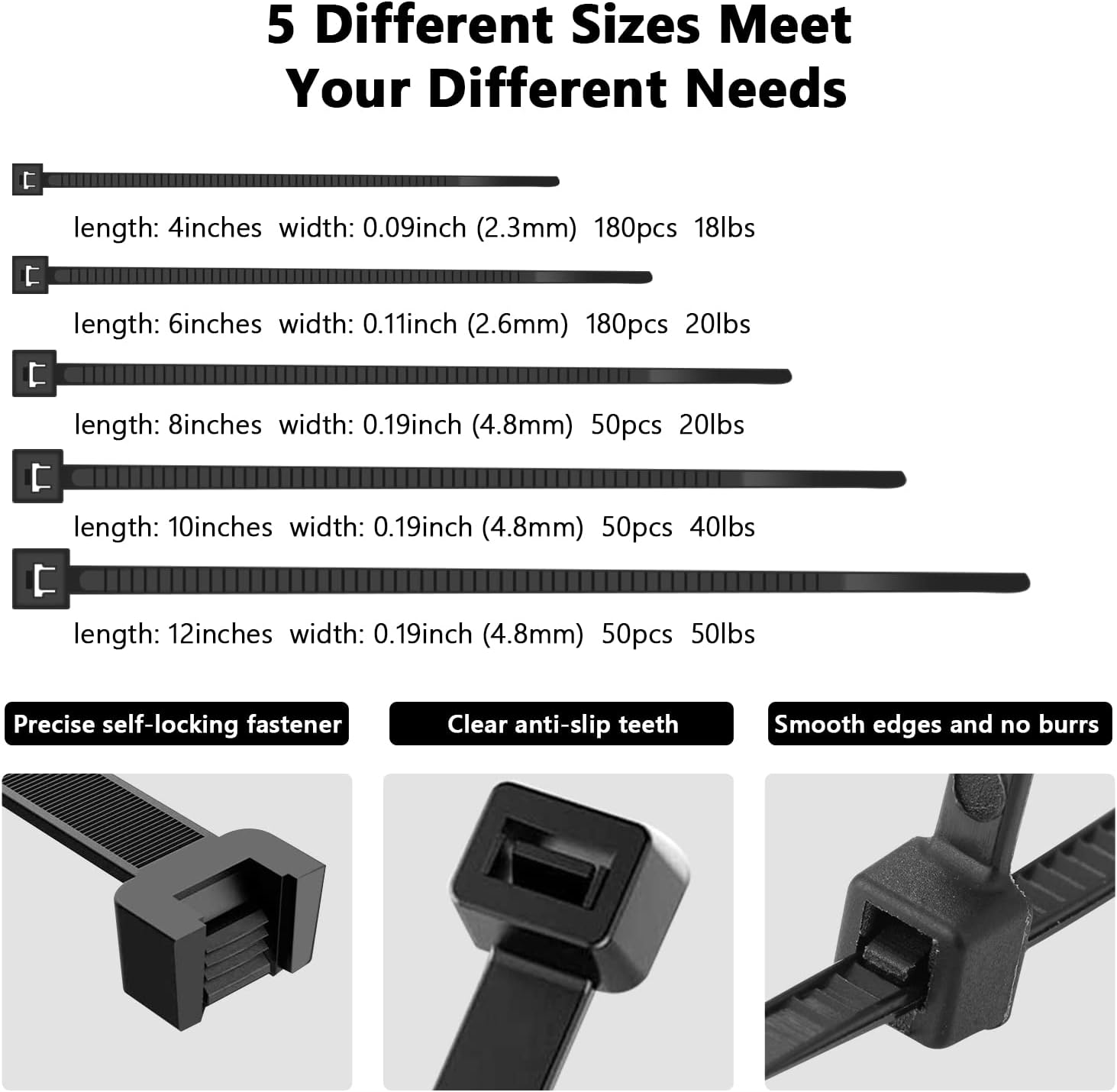 510pcs Cable Zip Ties, 4+6+8+10+12-Inch Nylon Zip Tie Heave Duty, Self-Locking Wire Management Ties with 50 Pounds Tensile Strength Assorted Adjustable Tie Wraps for Home, Office, Garden and Workshop