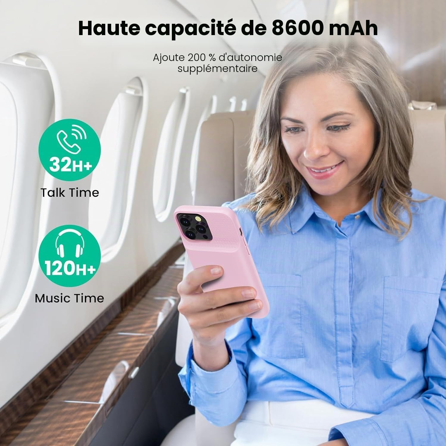Feob Coque Batterie pour iPhone 15 Pro Max【Charge Rapide 15W & Puissant 8600mAh】 Coque Rechargeable Batterie Externe Chargeur Portable Coques d'alimentation pour iPhone 15 Pro Max (6,7 Pouces) - Rose
