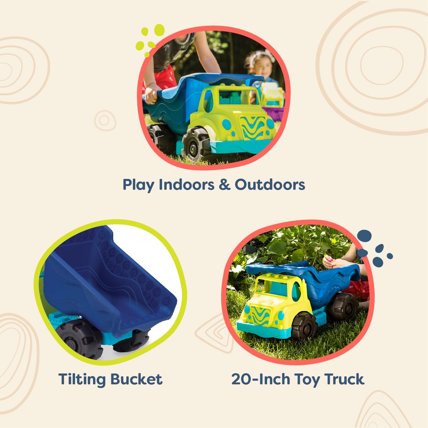 B. toys - Camion-Benne de Plage Colossal Cruiser, 50 cm Robuste | Grand camion-jouet avec benne basculante et grosses roues, pour sable ou eau à la plage, au bac à sable ou en camping
