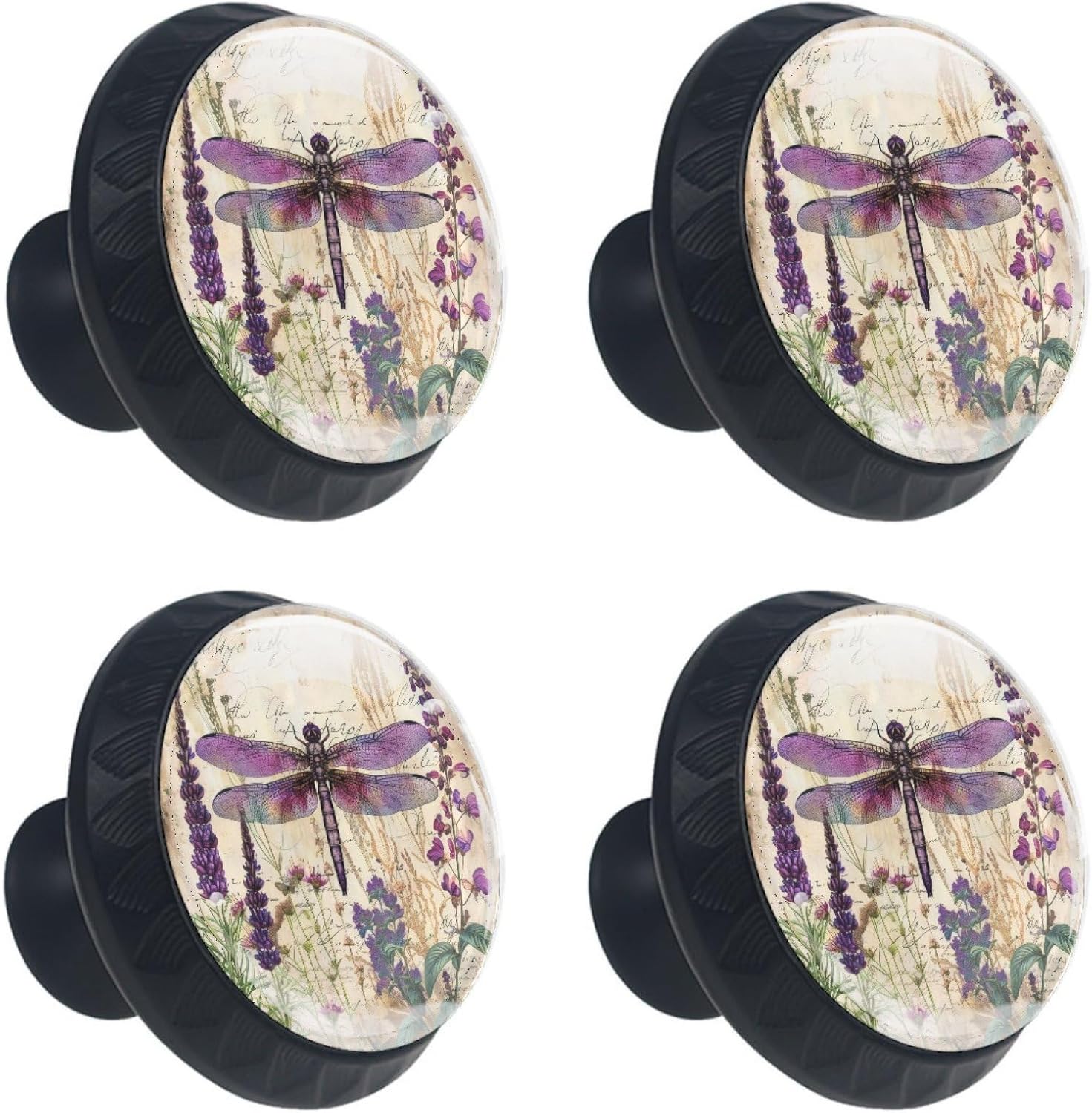 Set of 4 Purple Dragonfly Wildflowers Floral Herbs Antique Pattern Round Knobs for Drawers Dresser, Decorative Cabinet Knobs Pull Handles for Kitchen Nursery Bathroom Kids Room