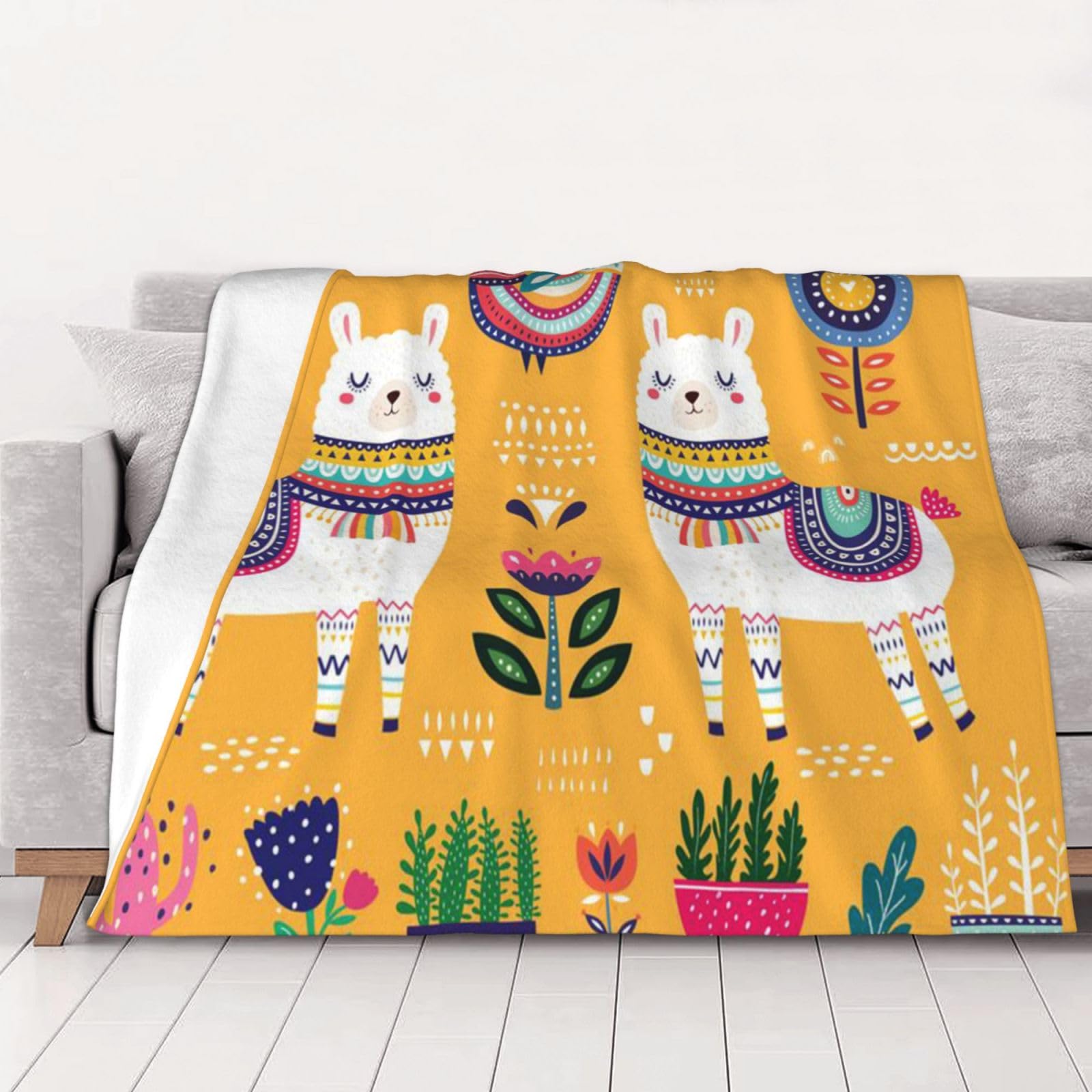 AUBKFELD Cartoon Alpaca Cute Animal Printed Flannel Blanket 150x125 CM, Soft & Warm Throw Blanket for Sofa/Couch/Bed/Car, Gifts for Audlts Women Men