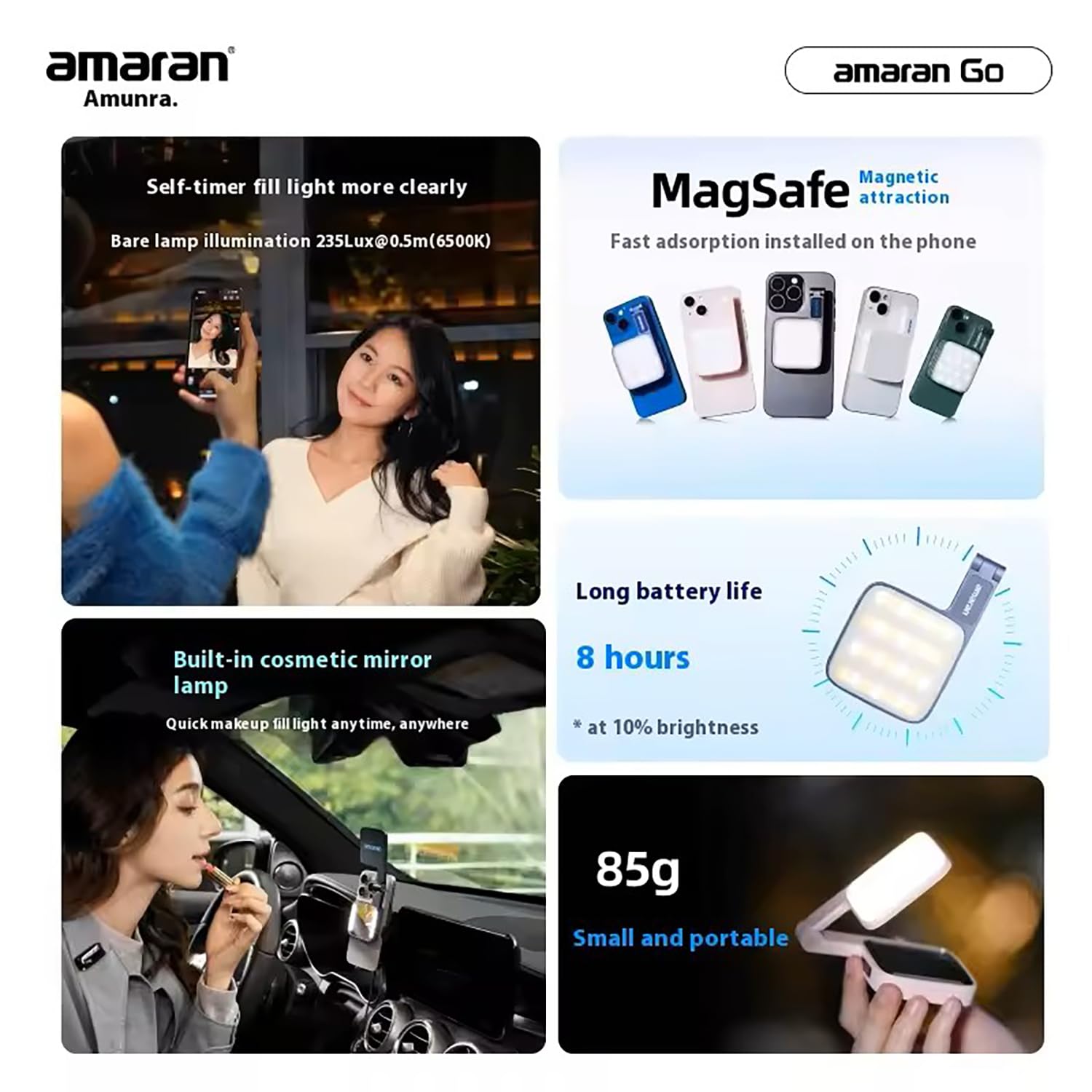 Amaran Go - Luce magnetica per telefono per selfie, doppia sorgente luminosa LED con specchio regolabile CCT 2700K-6500K, ricaricabile per selfie, trucco, videoconferenze, TikTok, per iPhone e Android