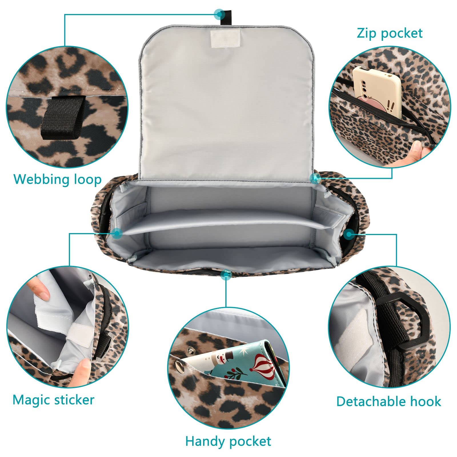 Borsa organizer per passeggino con stampa leopardata, universale, con 2 portabicchieri, cinghie regolabili e gancio per passeggino, adatta per biberon, pannolini, telefono, giocattoli