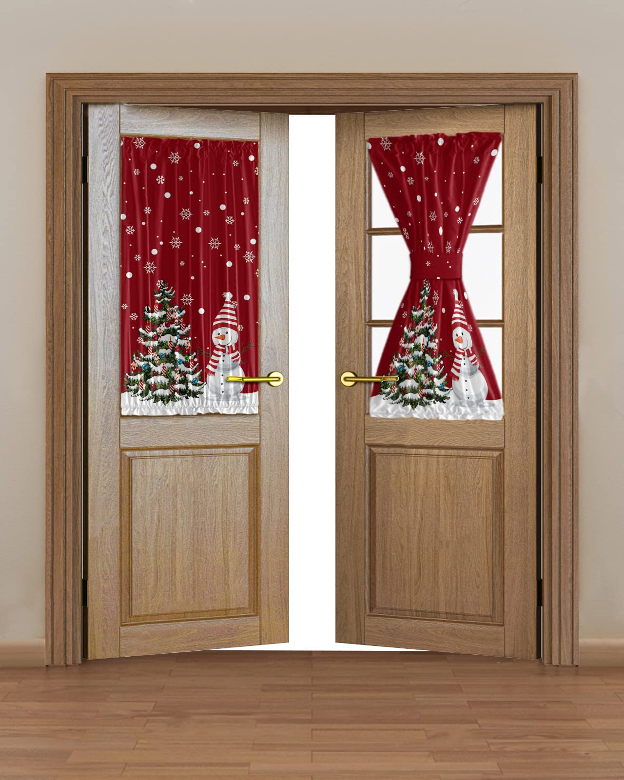 Christmas Snowman Black Out French Door Curtains For Door Window, Red Winter Snowflake Decor Xmas Tree Rod Pocket Door Drapery Curtain Panel With Tiebacks For Sidelight Front Back Patio Doors, 25