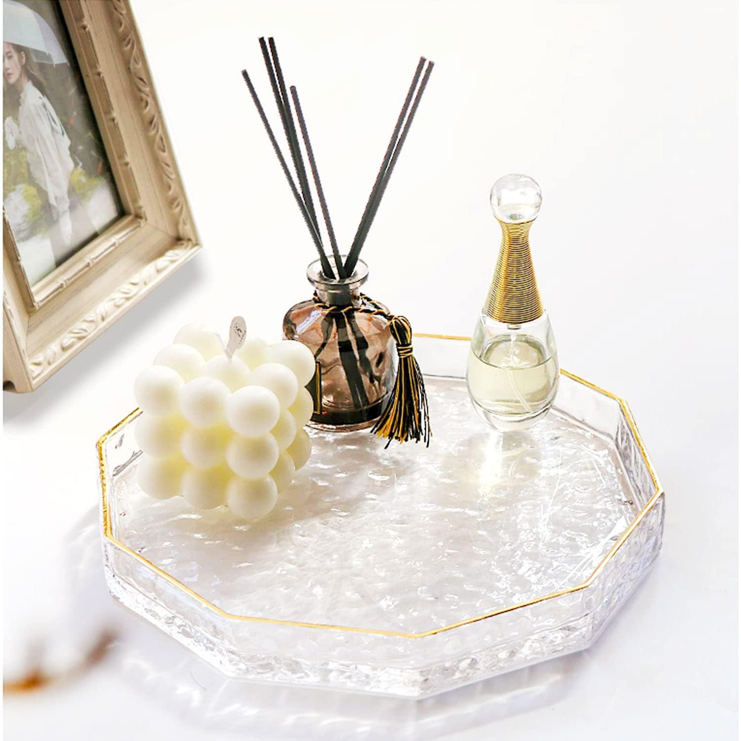 Decagon Decorative Glass Tray, 10 Inch Clear Hammered Vanity Organizer with Gold Rim, Luxury Perfume Display & Makeup Storage for Dresser Countertop