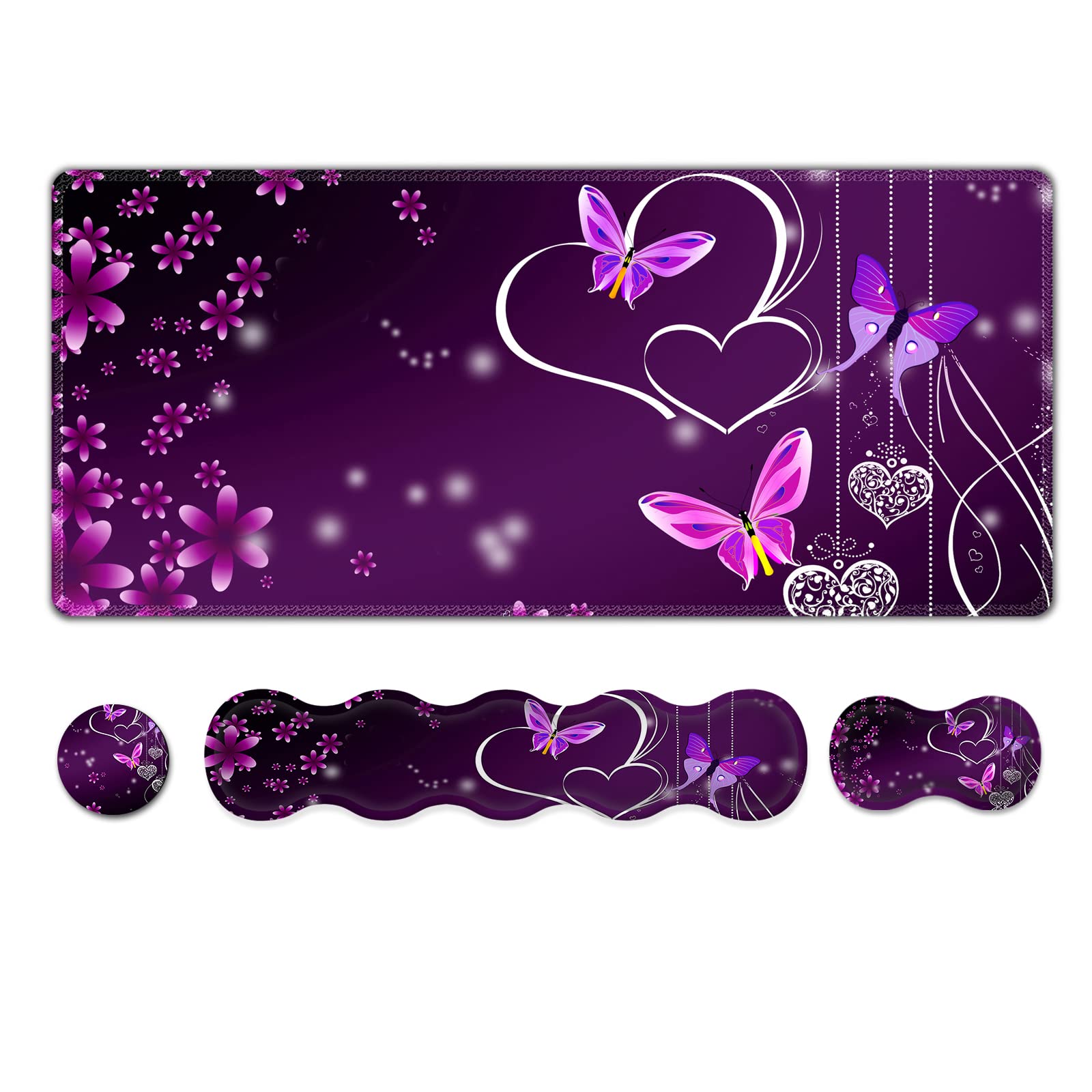 ARTSO Upgraded Extended Gaming Mouse Pad, Keyboard Wrist Rest Pad, Wrist Support Mousepad Set, Large Rubber Base Stitched Edges, Multifunctional Desk Pad (35 x15.5 in), Purple Heart Butterfly