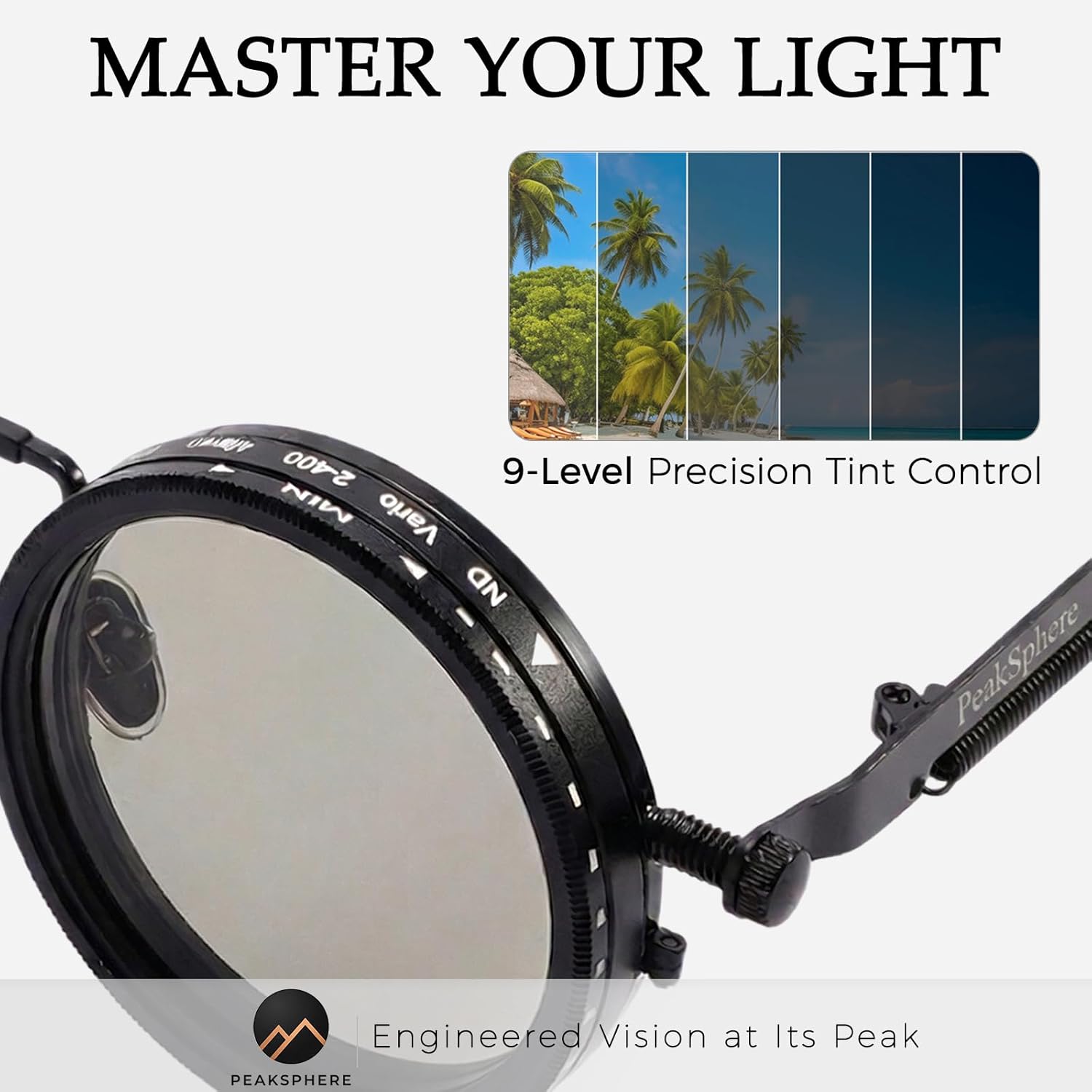 Adjustable Tint Sunglasses for Men, Polarized Steampunk Round Sunglasses with 1-9 Gear Dial, ND Filter UV400