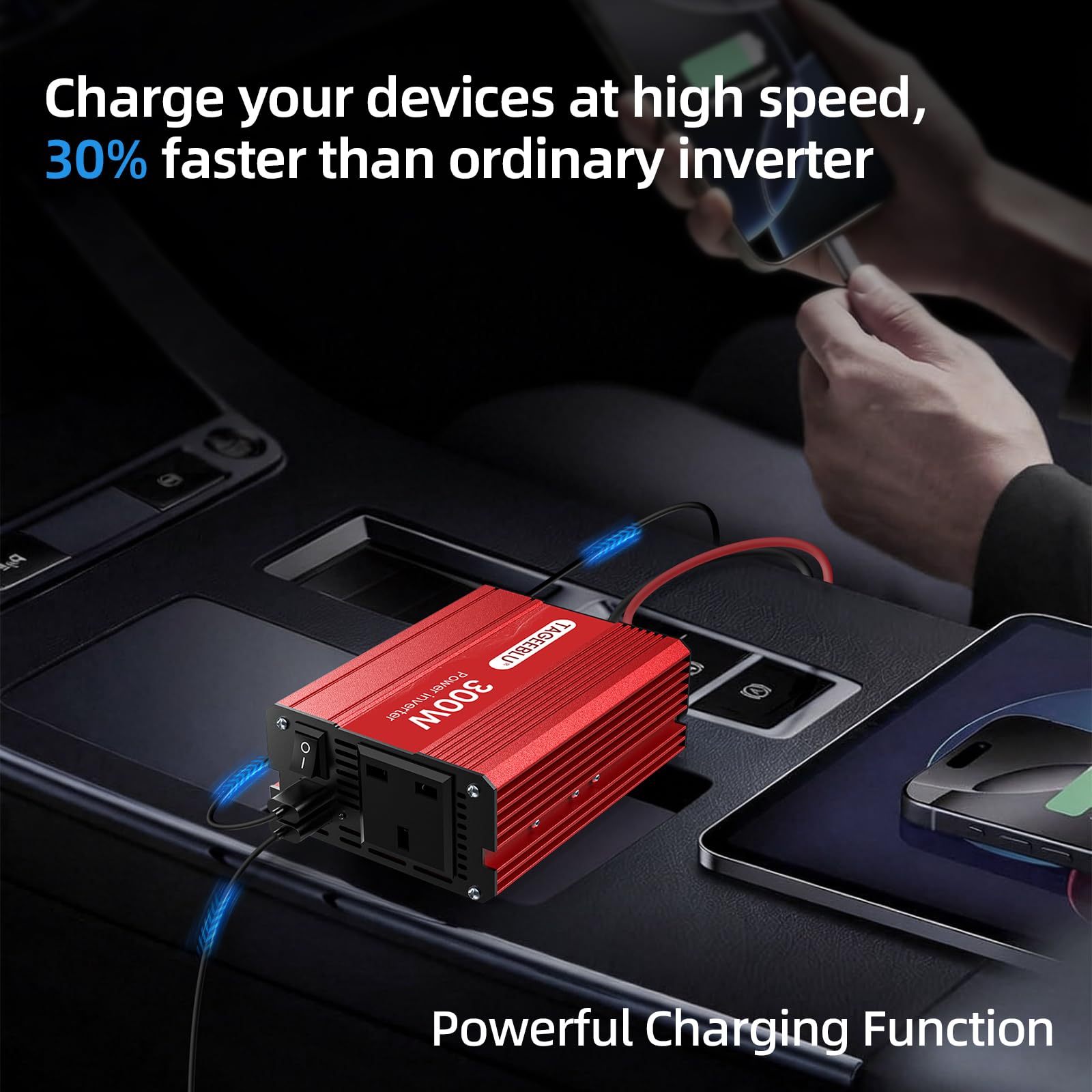 TAGEEBLU 12V 300W Power Car Inverter 12v to 240v, Car Voltage Converter Transformer with 3-Pin Sockets & 2-USB Ports for Charging Phones, Laptop, Tablets, GPS Units, TV, Camping Equipment — view 8