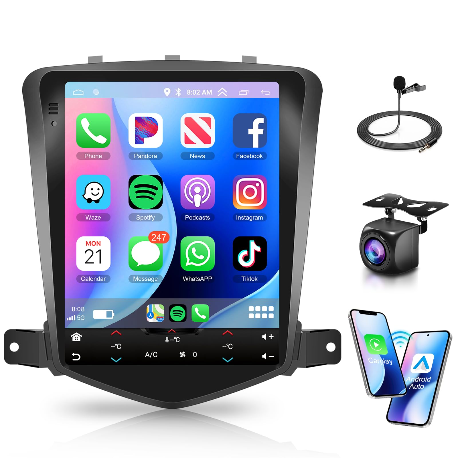 Android 15 [8Core 4G+64G] Wireless Carplay Car Stereo for Chevy Cruze J300 2009-2014, Android Auto, 5G WiFi GPS, Bluetooth 5.0, 9.7 inch IPS Touch Screen, AHD Backup Camera, FM EQ SWC